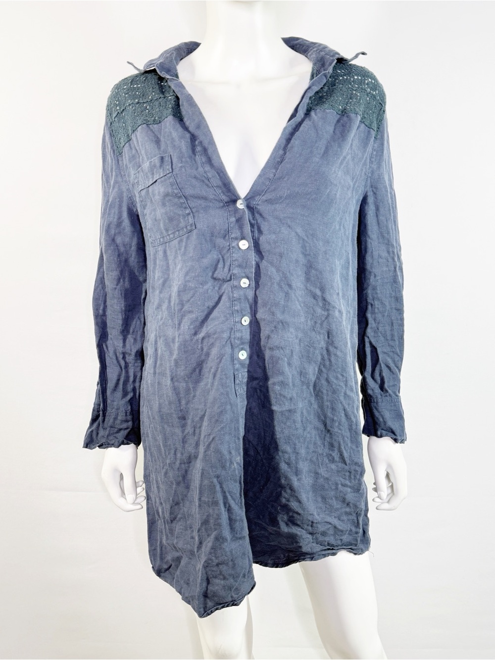 Subtle Luxury Navy Blue Linen Tunic Shirt Dress Size M Casual Lagenlook Crochet